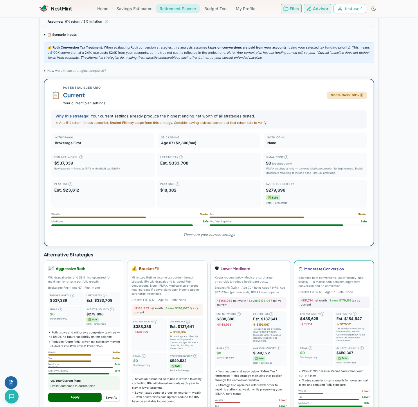 NestMint Strategy Engine showing retirement strategy analysis with Monte Carlo analysis and alternative strategy comparisons
