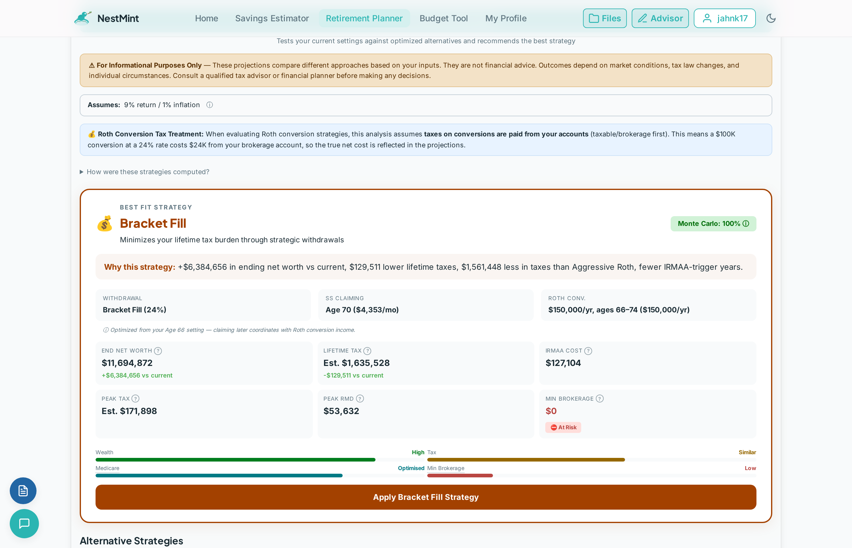 Roth Conversion Explorer showing tax impact analysis, IRA balance projections, and break-even age